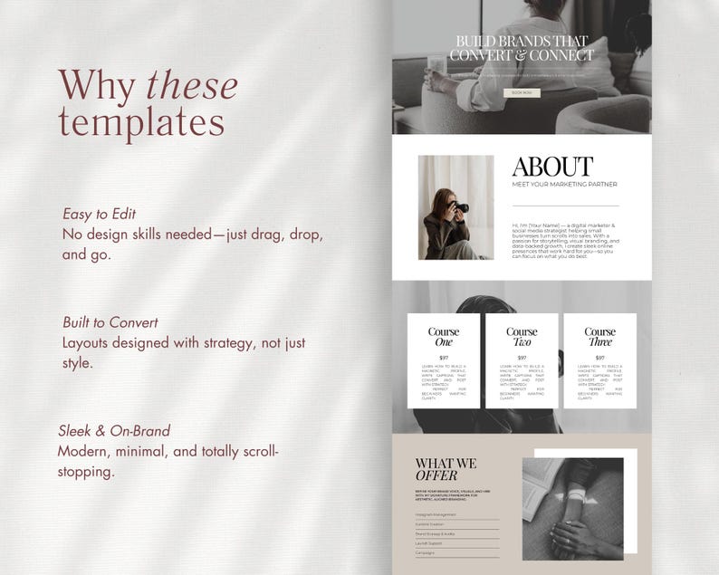 Pu&ograve; includere: Un layout di progettazione di pagine web con il testo "Perch&eacute; questi modelli". La pagina include sezioni intitolate "Facile da modificare", "Costruito per convertire" e "Elegante e di marca". La pagina presenta anche il testo "Costruisci marchi che convertono e connettono" e "Informazioni su".