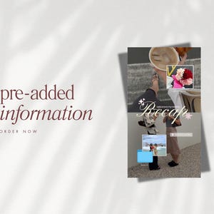 May include: A digital graphic with the text "pre-added information" in a burgundy script, with "ORDER NOW" below. A collage of images includes a coffee cup, flowers, and beach scenes, with the word "Recap".