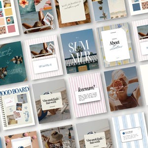 May include: A collection of square and rectangular cards with various designs and text. Some cards feature images of beach scenes, while others have text like "SUMMER" and "Icecream?". The color palette includes blues, pinks, and whites.