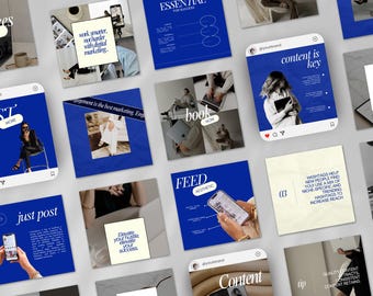 May include: A collection of social media posts with a blue and white color scheme. Each post features text such as "Content is Key", "Just Post", and "Elevate your hustle, elevate your success". The posts are designed to promote digital marketing.