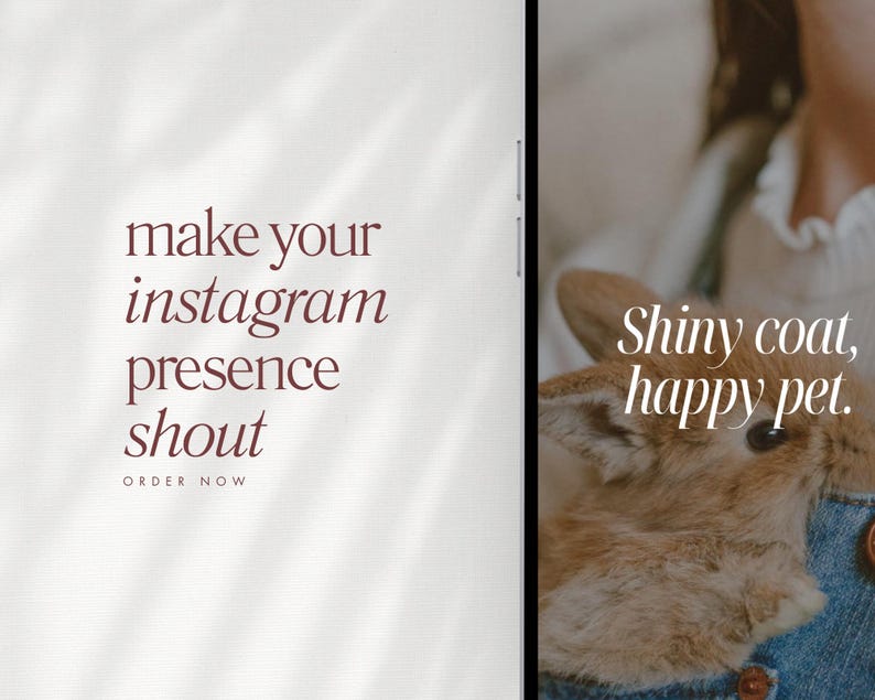 May include: The image is split, with text on the left and a pet on the right. The text reads "make your instagram presence shout" and "ORDER NOW" in a serif font. The right side shows a pet with the text "Shiny coat, happy pet."