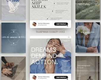 May include: A collage of images with text about business coaching. The text includes "Dreams Demand Action", "Leadership Skills", "Benefits of Coaching Sessions", and "What We Offer".