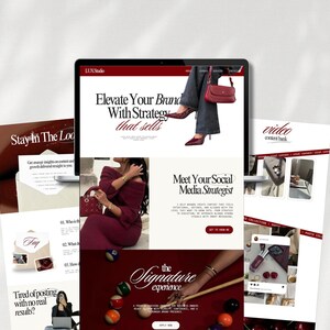 May include: A digital tablet and several printed documents are displayed on a white surface. The tablet screen showcases a website with the text "Elevate Your Brand With Strategy that sells." The documents feature text and images related to social media and branding.