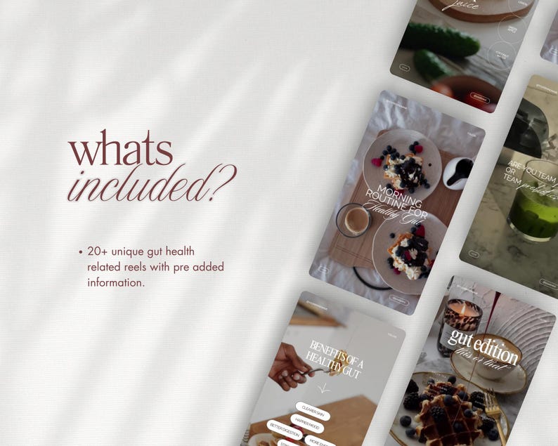 Gut Health Instagram Reels Templates in editable Canva format, featuring vertical 1080px by 1920px layouts. Designed for health coaches, nutritionists, wellness influencers, and diet experts to share educational content, gut-friendly recipes, wellness tips, and lifestyle advice. Fully customizable for video, text, and branding to create professional and engaging Instagram Reels and Stories.