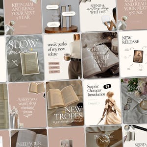 May include: A collection of social media post templates featuring a neutral color palette with beige, cream, and soft brown tones. The designs include typography, open books, coffee cups, and illustrations of characters, all arranged in a grid layout.