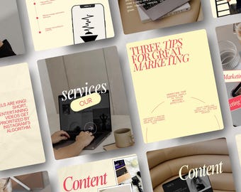 Op de afbeelding: Een verzameling afbeeldingen met marketinggerelateerde tekst en afbeeldingen. Eén afbeelding toont een laptop met de woorden "services" en "our". Een andere afbeelding zegt "Three Tips for Great Marketing". Andere afbeeldingen hebben het woord "Content".