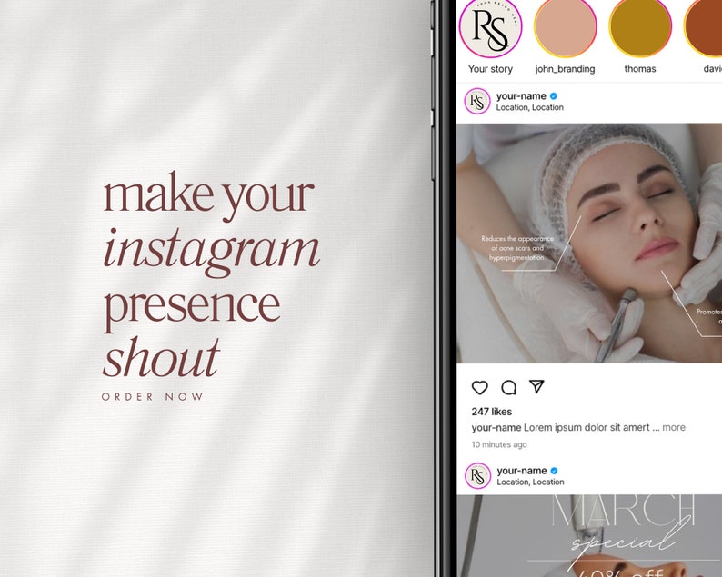 May include: A screenshot of an Instagram post promoting a beauty salon. The post features a photo of a woman receiving a facial treatment. The caption reads "Reduces the appearance of acne scars and hyperpigmentation." The post also includes a call to action to "Order Now".