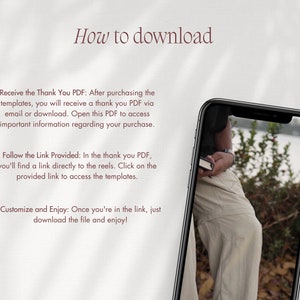 May include: How to download instructions with a phone displaying a link to access digital templates. The instructions include receiving a thank you PDF, following a link provided, and customizing and enjoying the templates.