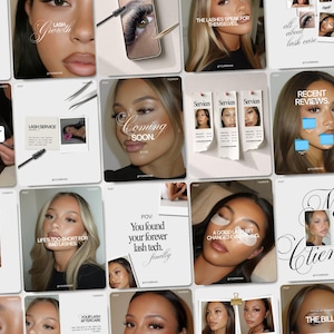 May include: A collection of social media post templates for a lash business featuring various layouts with text overlays like Lash Growth, Coming Soon, Recent Reviews, and New Client, showcasing close-up photography of eyes and lash applications.