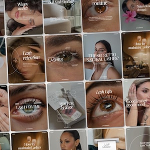 May include: A grid of social media posts featuring close-up photography of eyes with eyelash extensions, text overlays including Wispy lashes, Lash retention, The secret to natural lashes, How to maintain lashes, Lash volume, and Lash lifts.