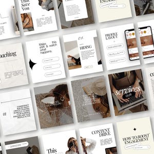 Könnte beinhalten: Eine Sammlung von Vorlagen für digitales Marketing und soziale Medien in einer neutralen Farbpalette. Die Vorlagen enthalten Text und Grafiken zu Coaching, Content-Erstellung und Engagement-Strategien. Ein Smartphone zeigt ein Profil-Layout an.