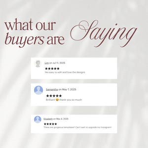 Puede incluir: Un gr&aacute;fico de rese&ntilde;as de clientes con el texto what our buyers are Saying en rojo oscuro, fuente script y serif. Se muestran tres cuadros de revisi&oacute;n rectangulares blancos, cada uno con un nombre de usuario, fecha, cinco estrellas negras y texto.