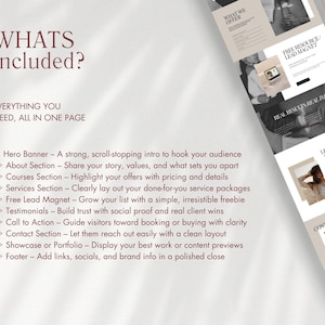 Pu&ograve; includere: Layout di progettazione di un sito web con una combinazione di colori neutri. Il design include sezioni per servizi, testimonianze e una call to action. Il testo sulla pagina include "Cosa &egrave; incluso?" e un elenco di funzionalit&agrave;. Il design &egrave; pulito e moderno.
