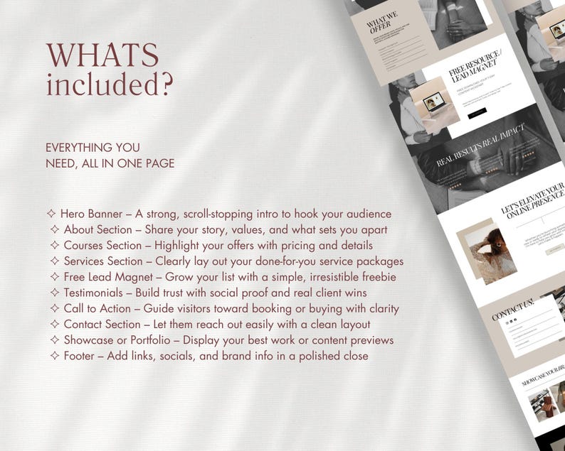 Pu&ograve; includere: Layout di progettazione di un sito web con una combinazione di colori neutri. Il design include sezioni per servizi, testimonianze e una call to action. Il testo sulla pagina include "Cosa &egrave; incluso?" e un elenco di funzionalit&agrave;. Il design &egrave; pulito e moderno.