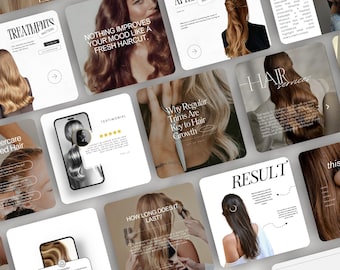 May include: A collage of images promoting hair care services. The images feature different hairstyles, including long, straight hair, and short, curly hair. The text on the images includes phrases like "Treatments Matter", "Nothing Improves Your Mood Like a Fresh Haircut", "Why Regular Trims Are Key to Hair Growth", and "Hair Services".