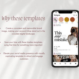 May include: A smartphone displays an Instagram post with the text "This one mistake" and "services our". The image also includes text that reads "Why these templates" and bullet points about brand image and social media presence.