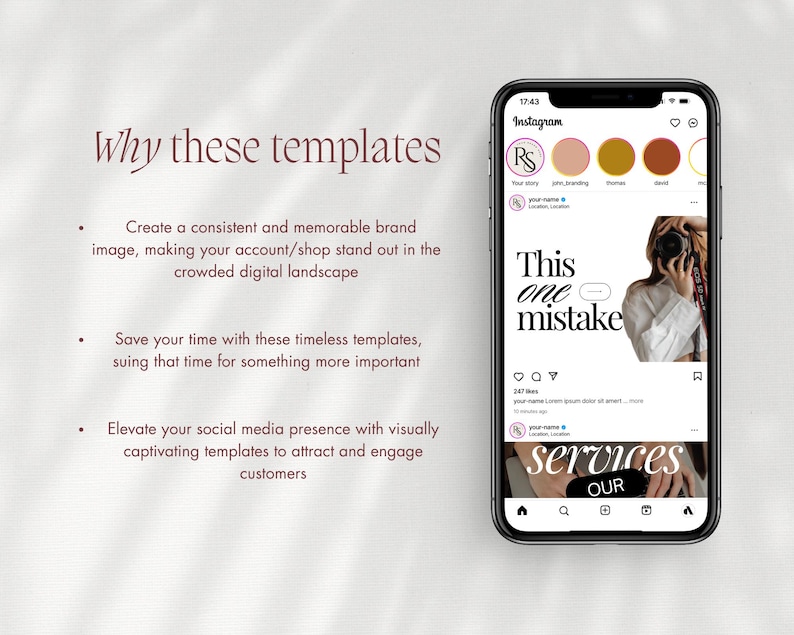 May include: A smartphone displays an Instagram post with the text "This one mistake" and "services our". The image also includes text that reads "Why these templates" and bullet points about brand image and social media presence.