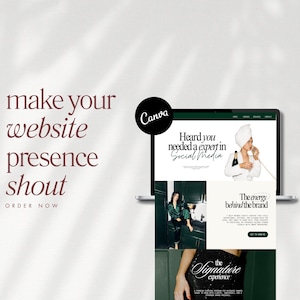 Puede incluir: Un ordenador port&aacute;til que muestra un dise&ntilde;o de sitio web con el texto "Heard you needed a expert in Social Media". La imagen tambi&eacute;n incluye el texto "make your website presence shout" y "ORDER NOW". Un logotipo de Canva est&aacute; en la esquina superior izquierda.
