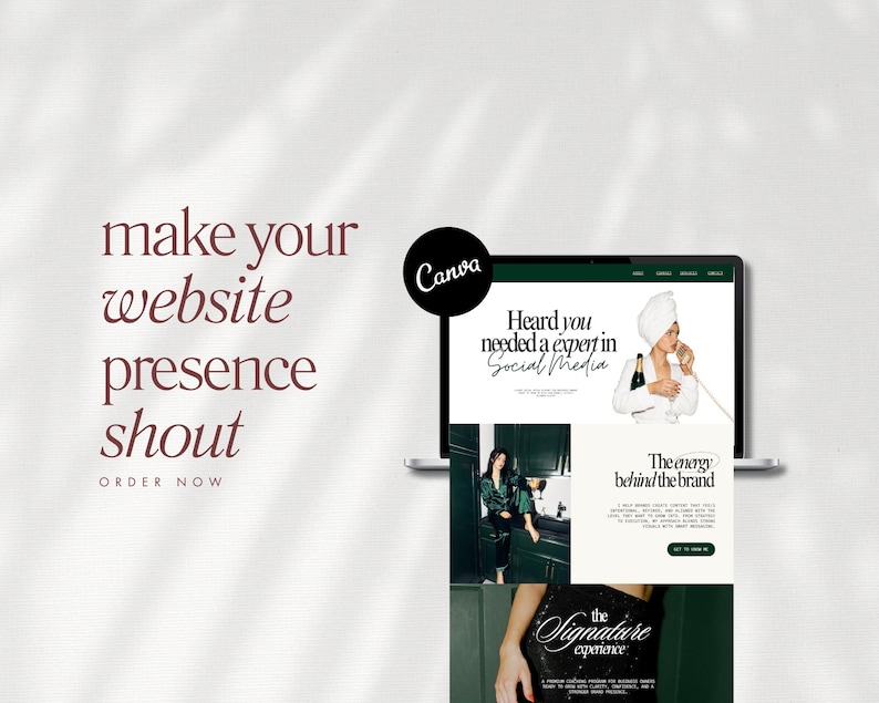 Puede incluir: Un ordenador port&aacute;til que muestra un dise&ntilde;o de sitio web con el texto "Heard you needed a expert in Social Media". La imagen tambi&eacute;n incluye el texto "make your website presence shout" y "ORDER NOW". Un logotipo de Canva est&aacute; en la esquina superior izquierda.