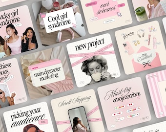 May include: A collection of pink and cream-colored social media graphics with text overlays. The graphics feature phrases like "Lucky Girl Syndrome," "Cool Girl Syndrome," and "Main Character Marketing." Other graphics include images of beauty products and a woman drinking from a cup.