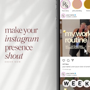 Op de afbeelding: Een smartphonescherm met een Instagram-profielinterface en een bericht met twee personen in sportkleding. De tekst aan de linkerkant luidt make your instagram presence shout en ORDER NOW in een donker schreeflettertype.