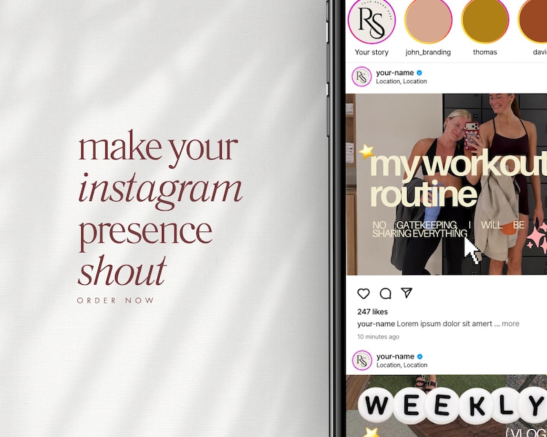 Op de afbeelding: Een smartphonescherm met een Instagram-profielinterface en een bericht met twee personen in sportkleding. De tekst aan de linkerkant luidt make your instagram presence shout en ORDER NOW in een donker schreeflettertype.