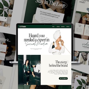 Dark green luxury Canva website template designed for social media managers, UGC creators, and content creators. 1-page landing page with portfolio, services, testimonials, and link in bio style layout. Fully editable, mobile optimized, beginner friendly, instant access.