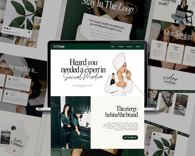 Dark green luxury Canva website template designed for social media managers, UGC creators, and content creators. 1-page landing page with portfolio, services, testimonials, and link in bio style layout. Fully editable, mobile optimized, beginner friendly, instant access.