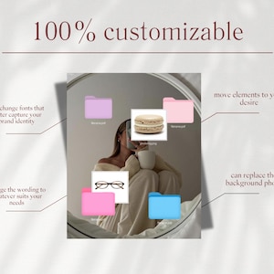May include: An image with the text "100% customizable" and several labeled folders. The image shows a person in a mirror with a macaron, glasses, and a mug. Text on the image includes options to change fonts, wording, and background.
