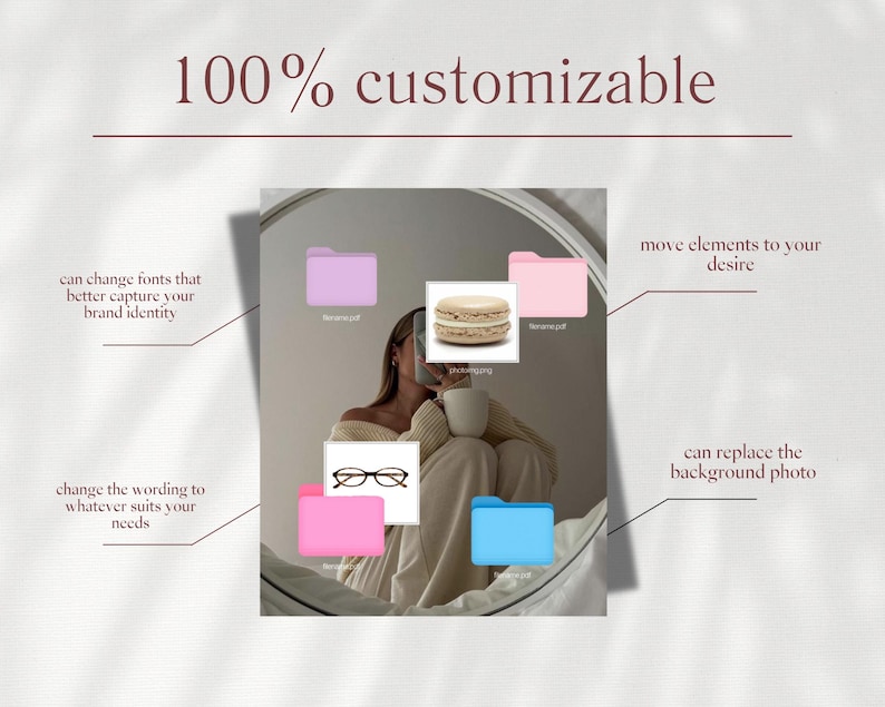 May include: An image with the text "100% customizable" and several labeled folders. The image shows a person in a mirror with a macaron, glasses, and a mug. Text on the image includes options to change fonts, wording, and background.