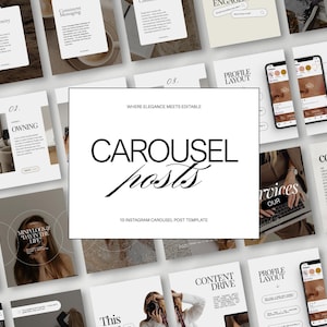 May include: A set of Instagram carousel post templates with a minimalist design. The central image features the text "CAROUSEL posts" in a stylish font, surrounded by various layout examples and phone mockups. The overall aesthetic is clean and modern.