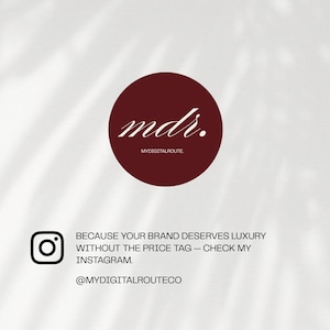 Puede incluir: Un c&iacute;rculo burdeos con el texto "mdr." en cursiva, con "MYDIGITALROUTE" debajo. Un logotipo de Instagram est&aacute; en la parte inferior izquierda, con el texto: "PORQUE TU MARCA MERECE LUJO SIN ETIQUETA DE PRECIO - REVISA MI INSTAGRAM. @MYDIGITALROUTECO."