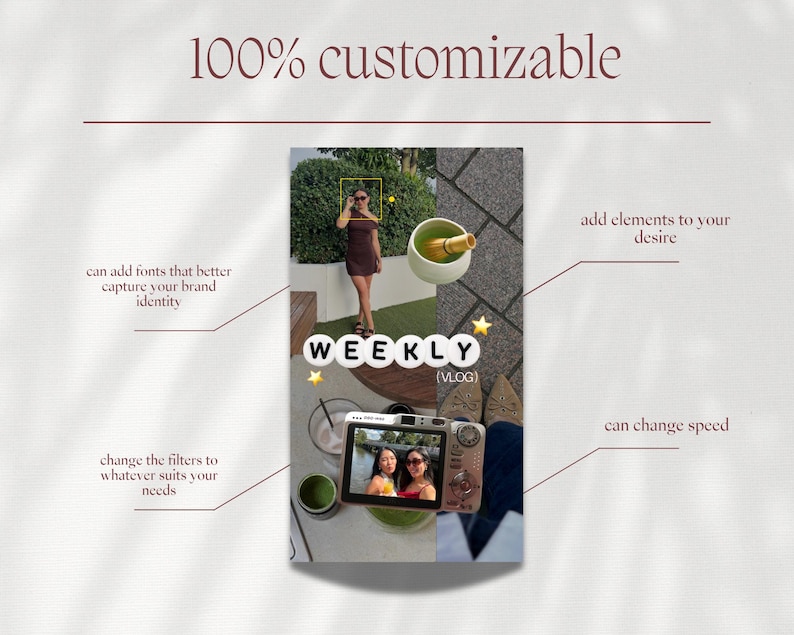 Op de afbeelding: Een digitaal sjabloon voor een wekelijkse vlog met een collage van afbeeldingen, waaronder een persoon in een bruine jurk, een matcha-klopper in een kom en een camera met een foto van twee personen. Tekst: 100% customizable, WEEKLY, VLOG.