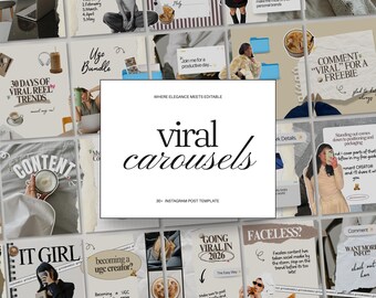 May include: A collection of Instagram post templates, with a central square displaying the words "viral carousels" in elegant typography. The surrounding images contain social media-related content, including phrases such as "30 days of viral reel trends" and "UGC bundle".