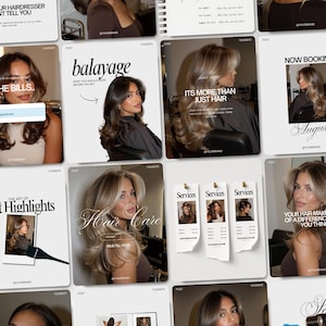 May include: A collection of social media templates for hair salons featuring various layouts with text overlays such as What Your Hairdresser Won't Tell You, Balayage, Now Booking August, The Art of Soft Highlights, Hair Care, and Our Services.