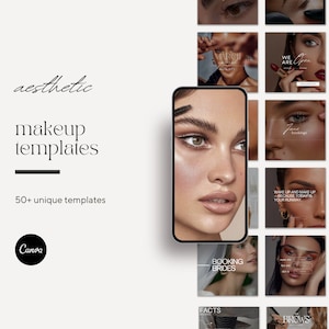 Peut inclure: Une collection de plus de 50 modèles de maquillage esthétiques pour Instagram ou les médias sociaux. Les modèles présentent une variété de looks de maquillage, notamment le maquillage des yeux, le maquillage des lèvres et les soins de la peau. Les modèles sont conçus pour être utilisés avec Canva.