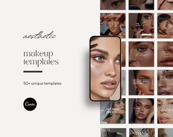 May include: A collection of 50+ aesthetic makeup templates for Instagram or social media. The templates feature a variety of makeup looks, including eye makeup, lip makeup, and skin care. The templates are designed to be used with Canva.