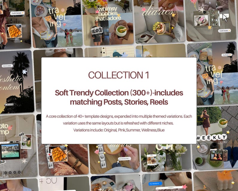 Op de afbeelding: Een digitale marketing-sjablooncollectie met een wit centraal informatievak met de tekst COLLECTION 1, Soft Trendy Collection (300+)-includes matching Posts, Stories, Reels, en een kerncollectie van 40+ sjabloonontwerpen.