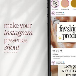 May include: A smartphone screen displaying an Instagram profile interface with the text "make your instagram presence shout" on the left. The feed shows posts with the text "fav skincare products" and "How often should i wash my face?"