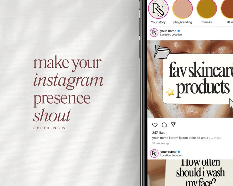 May include: A smartphone screen displaying an Instagram profile interface with the text "make your instagram presence shout" on the left. The feed shows posts with the text "fav skincare products" and "How often should i wash my face?"