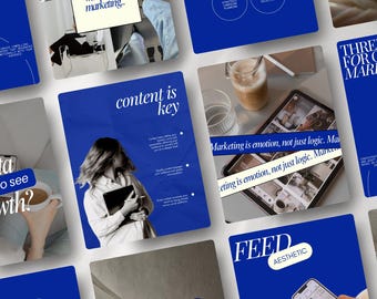 May include: A collection of blue and white marketing-themed graphics. One graphic reads "content is key" with a woman holding a tablet. Another says "Marketing is emotion, not just logic." Other graphics include the words "FEED AESTHETIC".