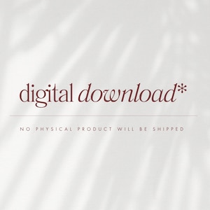 Puede incluir: Un gr&aacute;fico digital que presenta el texto rojo oscuro digital download* centrado sobre una l&iacute;nea horizontal delgada, con el texto NO PHYSICAL PRODUCT WILL BE SHIPPED colocado debajo, todo sobre un fondo claro.