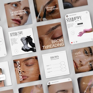 Peut inclure: Une collection de publications carrées sur les réseaux sociaux avec du contenu lié à la beauté. Les publications présentent des images de sourcils, de visages et du texte tel que "Laissez vos sourcils parler", "Épilation des sourcils" et "La symétrie compte."