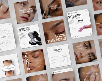 May include: A collection of square social media posts with beauty-related content. The posts feature images of eyebrows, faces, and text such as "Let your brows do the talking," "Brow threading," and "Symmetry Matters."