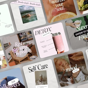 May include: A collage of images promoting self-care and wellness. The images include a woman swimming, a woman drinking a smoothie, a woman meditating, a woman doing yoga, and a woman taking a bath. The text on the images includes "Rest Recharge Repeat", "DETOX SMOOTHIE", "Self Care", "Mood Board", "Super swipe to see Foods", and "Yoga".