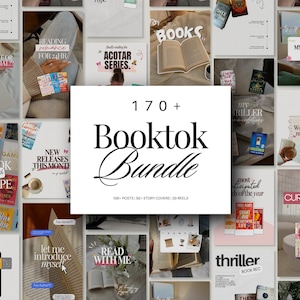 Può includere: Un collage di immagini con una grafica centrale che recita "170+ Booktok Bundle". Le immagini presentano libri, sovrapposizioni di testo e grafica in stile social media. Il bundle include 100 post, 50 copertine di storie e 20 reel.