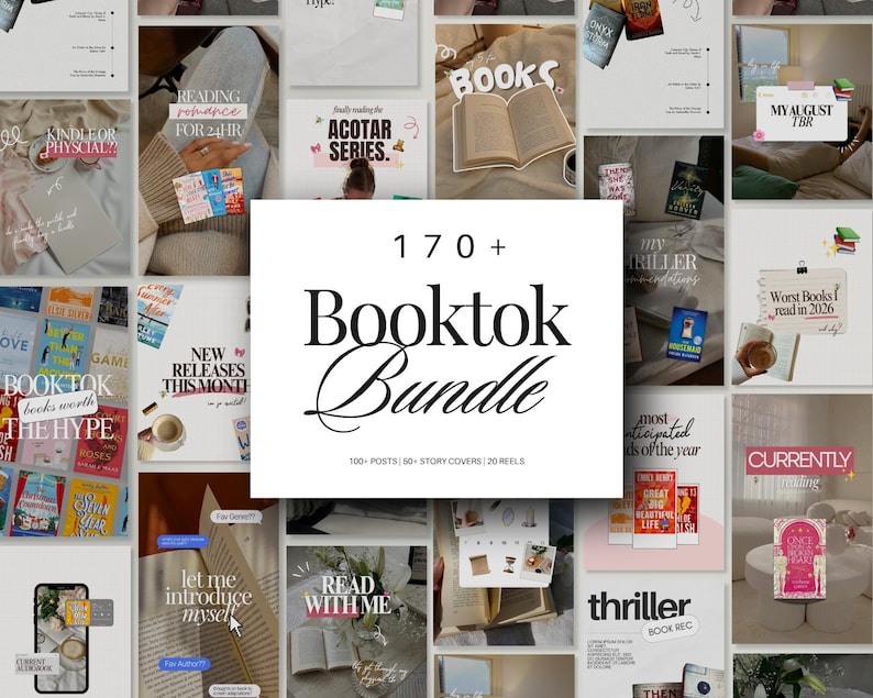 Bookstagram Canva bundle for book lovers featuring Instagram posts, reels, and story templates with a cozy aesthetic, soft neutral tones, and modern layouts for BookTok and reading content creators.