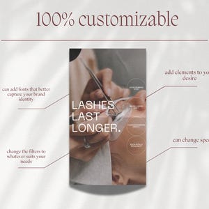 May include: A close-up image of a person's hand applying eyelash extensions. The text "LASHES LAST LONGER." is displayed on the image. The image is 100% customizable and can be used for marketing or social media.