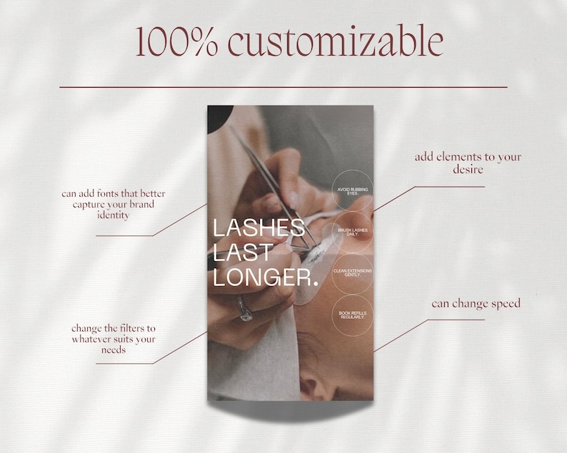May include: A close-up image of a person's hand applying eyelash extensions. The text "LASHES LAST LONGER." is displayed on the image. The image is 100% customizable and can be used for marketing or social media.