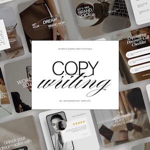 Könnte beinhalten: Eine Sammlung von Instagram-Post-Vorlagen zum Thema Copywriting. Das zentrale Bild zeigt die Worte "COPY WRITING" in einer stilvollen Schriftart. Umgebende Bilder enthalten Text wie "Facts tell. Copy sells."